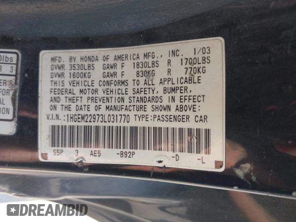 2003 Honda Civic EX with VIN 1HGEM22973L031770, listed as a IAAI auction lot 41994151 with 195,896 mi miles and . Bid and sale history available at DreamBid. Image 9.