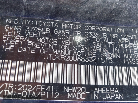 2008 Toyota Prius with VIN JTDKB20U683341513, listed as a IAAI auction lot 41735377 with 189,992 mi miles. Bid and sale history available at carsss.com. Image 9.