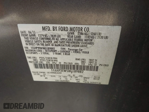 2011 Ford Taurus SEL with VIN 1FAHP2EW5BG189882, listed as a IAAI auction lot 42006542 with 208,661 mi miles. Bid and sale history available at carsss.com. Image 9.