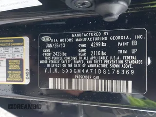 2013 Kia Optima LX with VIN 5XXGM4A71DG176369, listed as a IAAI auction lot 41875304 with 1 mi miles. Bid and sale history available at carsss.com. Image 9.