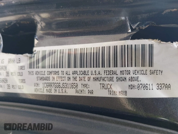 2018 Ram 1500 Big Horn with VIN 1C6RR7GG6JS311650, listed as a IAAI auction lot 42651802 with 80,106 mi miles and . Bid and sale history available at DreamBid. Image 9.