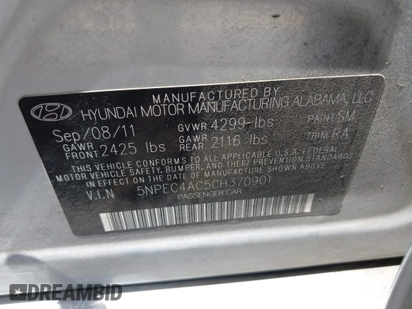 2012 Hyundai Sonata Limited z VIN 5NPEC4AC5CH370901, wystawiony jako IAAI lot #42369650 z przebiegiem 210 863 mil mil oraz . Historia ofert i sprzedaży dostępna na DreamBid. Obrazek 9.