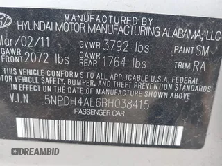 2011 Hyundai Elantra GLS with VIN 5NPDH4AE6BH038415, listed as a IAAI auction lot 41813602 with 186,039 mi miles. Bid and sale history available at carsss.com. Image 9.