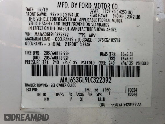 2020 Ford EcoSport SE with VIN MAJ6S3GL9LC322392, listed as a Copart auction lot 46105825 with 37,350 mi miles and Salvage Title. Bid and sale history available at DreamBid. Image 13.