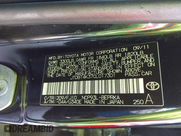 2012 Toyota Yaris z VIN JTDBT4K37CL017301, wystawiony jako IAAI lot #42217076 z przebiegiem 177 722 mil mil oraz . Historia ofert i sprzedaży dostępna na DreamBid. Obrazek 9.