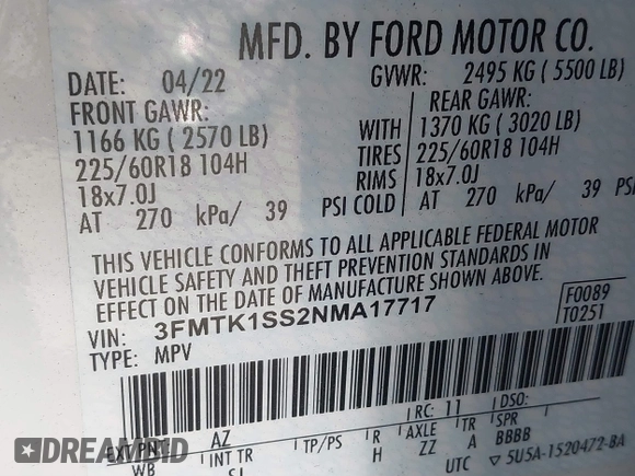 2022 Ford Mustang Mach-E Select z VIN 3FMTK1SS2NMA17717, wystawiony jako IAAI lot #41737529 z przebiegiem Nie podano mil oraz . Historia ofert i sprzedaży dostępna na DreamBid. Obrazek 9.