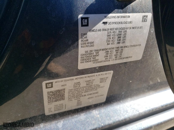 2020 GMC Sierra 1500 Elevation with VIN 3GTP9CEK6LG423083, listed as a Copart auction lot 70430454 with 99,888 mi miles and Salvage Title. Bid and sale history available at carsss.com. Image 12.