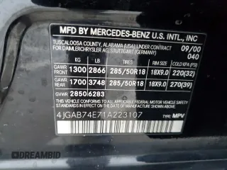 2001 Mercedes-Benz M-Class AMG with VIN 4JGAB74E71A223107, listed as a Copart auction lot 85156594 with 184,928 mi miles and Salvage Title. Bid and sale history available at carsss.com. Image 13.