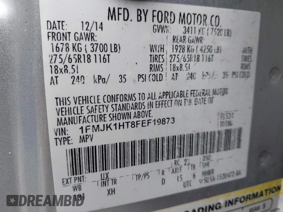 2015 Ford Expedition EL XLT with VIN 1FMJK1HT8FEF19873, listed as a IAAI auction lot 41329651 with 233,889 mi miles. Bid and sale history available at carsss.com. Image 9.