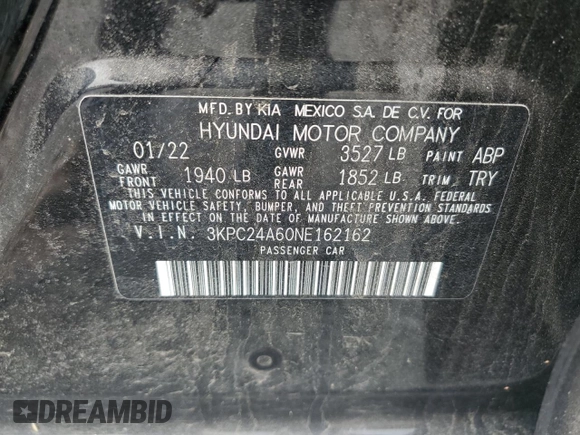 2022 Hyundai Accent SE z VIN 3KPC24A60NE162162, wystawiony jako Copart lot #58878295 z przebiegiem 88 345 mil mil oraz Szkoda całkowita • Salvage title. Historia ofert i sprzedaży dostępna na DreamBid. Obrazek 13.