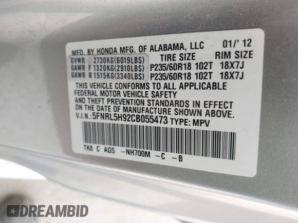 2012 Honda Odyssey Touring with VIN 5FNRL5H92CB055473, listed as a IAAI auction lot 42128601 with 163,901 mi miles. Bid and sale history available at carsss.com. Image 9.