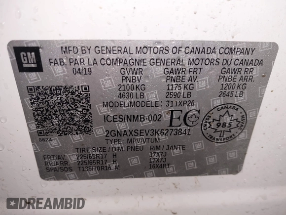 2019 Chevrolet Equinox LS with VIN 2GNAXSEV3K6273841, listed as a IAAI auction lot 41614654 with 39,887 mi miles and . Bid and sale history available at DreamBid. Image 9.