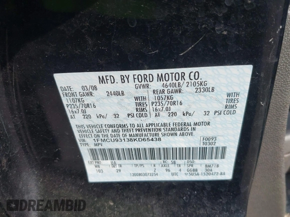 2008 Ford Escape XLT with VIN 1FMCU93138KD65438, listed as a IAAI auction lot 42073549 with 185,343 mi miles. Bid and sale history available at carsss.com. Image 9.
