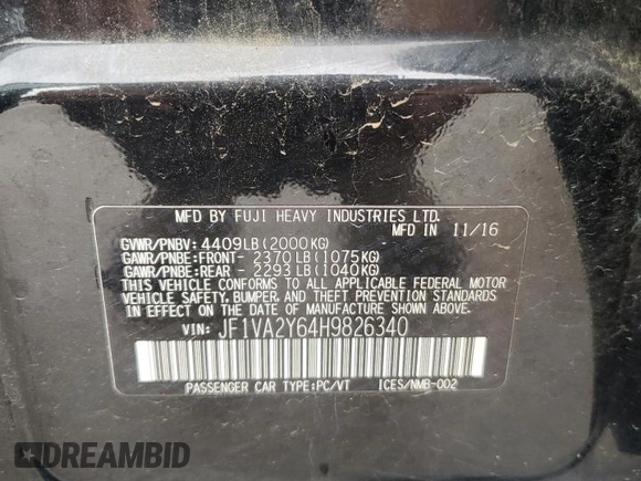 2017 Subaru WRX STI Limited with VIN JF1VA2Y64H9826340, listed as a Copart auction lot 54216775 with 95,938 mi miles and Salvage title. Bid and sale history available at DreamBid. Image 12.