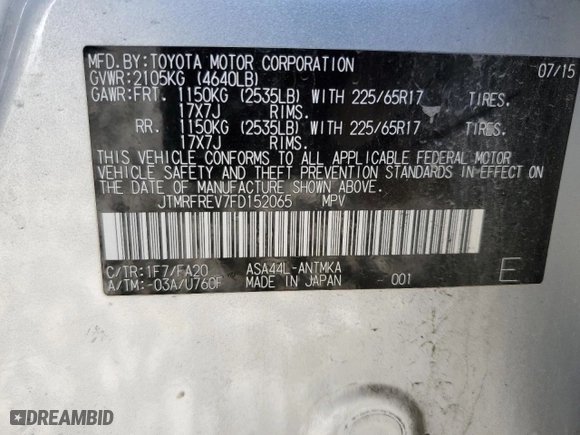 2015 Toyota RAV4 XLE with VIN JTMRFREV7FD152065, listed as a Copart auction lot 80750283 with 115,187 mi miles and Salvage Title. Bid and sale history available at carsss.com. Image 14.