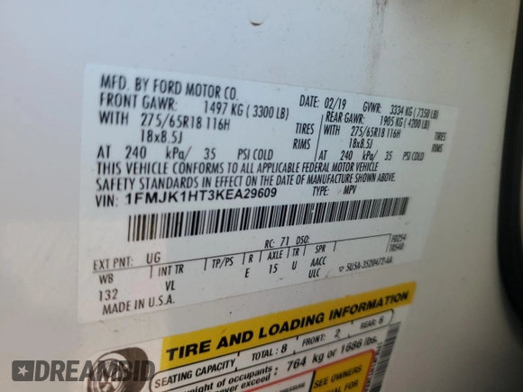 2019 Ford Expedition Max XLT with VIN 1FMJK1HT3KEA29609, listed as a Copart auction lot 54663235 with 134,039 mi miles and Salvage title. Bid and sale history available at DreamBid. Image 13.