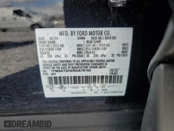 2024 Ford Explorer XLT with VIN 1FMSK7DH0RGA78192, listed as a Copart auction lot 45961825 with 5,155 mi miles and Salvage Title. Bid and sale history available at carsss.com. Image 13.