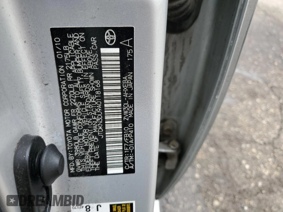 2010 Toyota Prius II with VIN JTDKN3DU9A0118168, listed as a Copart auction lot 55654415 with 253,065 mi miles and Clean Title. Bid and sale history available at DreamBid. Image 13.
