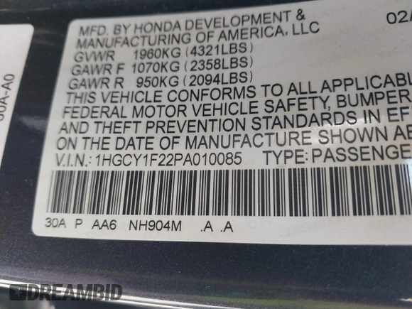 2023 Honda Accord LX with VIN 1HGCY1F22PA010085, listed as a IAAI auction lot 41675755 with Not Provided miles and . Bid and sale history available at carsss.com. Image 9.