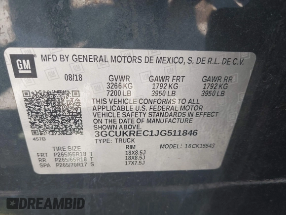 2018 Chevrolet Silverado 1500 LT with VIN 3GCUKREC1JG511846, listed as a IAAI auction lot 42024170 with 121,532 mi miles and . Bid and sale history available at DreamBid. Image 9.