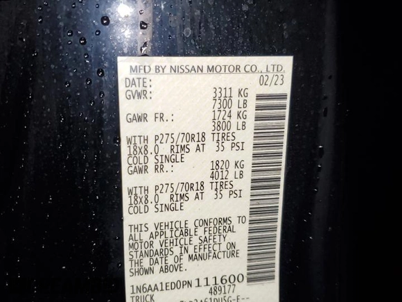 2023 Nissan Titan SV with VIN 1N6AA1ED0PN111600, listed as a Copart auction lot 57482755 with 36,920 mi miles and Salvage title. Bid and sale history available at DreamBid. Image 12.