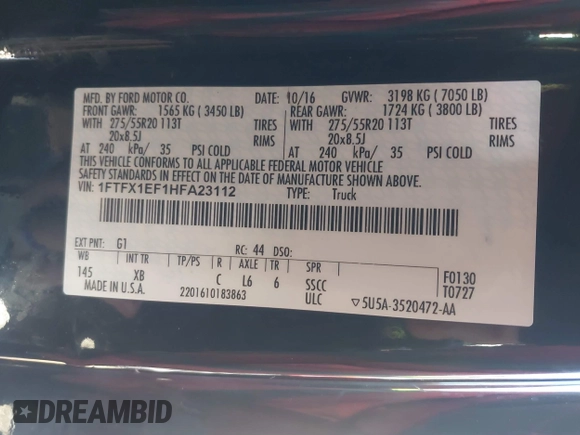 2017 Ford F-150 XL with VIN 1FTFX1EF1HFA23112, listed as a IAAI auction lot 41395236 with 96,848 mi miles. Bid and sale history available at carsss.com. Image 9.