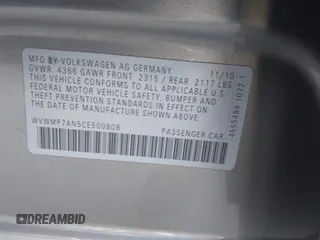 2012 Volkswagen CC Sport PZEV with VIN WVWMP7AN5CE500808, listed as a IAAI auction lot 41849450 with 132,611 mi miles. Bid and sale history available at carsss.com. Image 9.