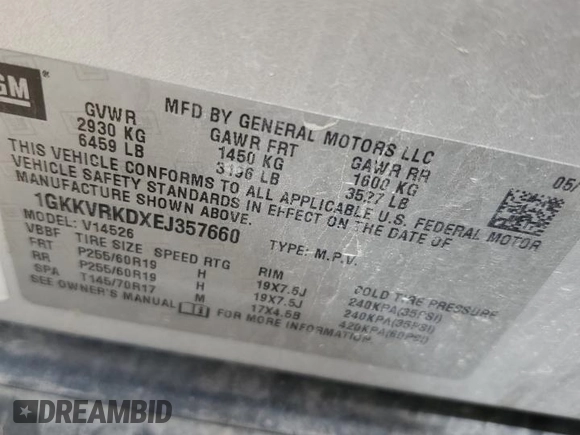 2014 GMC Acadia SLT z VIN 1GKKVRKDXEJ357660, wystawiony jako Copart lot #52595794 z przebiegiem 180 509 mil mil oraz Szkoda całkowita • Salvage title. Historia ofert i sprzedaży dostępna na DreamBid. Obrazek 13.