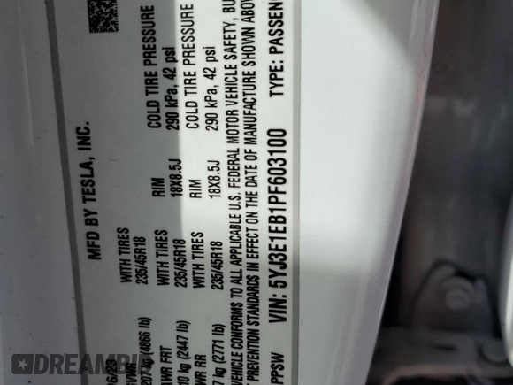 2023 Tesla Model 3 Long Range with VIN 5YJ3E1EB1PF603100, listed as a Copart auction lot 54945865 with 22,865 mi miles and Salvage Title. Bid and sale history available at DreamBid. Image 12.