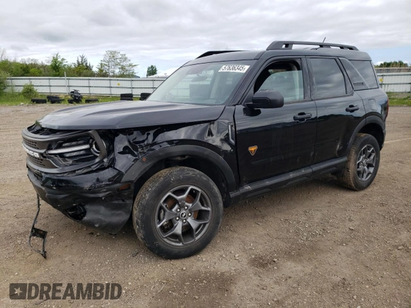 2022 Ford Bronco Sport Badlands z VIN 3FMCR9D9XNRE21095, wystawiony jako Copart lot #57636345 z przebiegiem 60 386 mil mil oraz Szkoda całkowita • Salvage title. Historia ofert i sprzedaży dostępna na DreamBid. Obrazek 1.