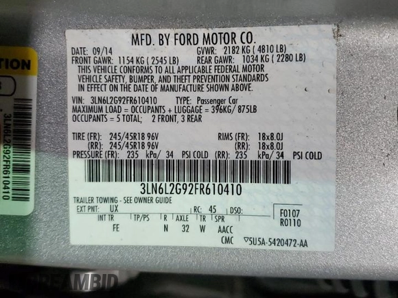 2015 Lincoln MKZ with VIN 3LN6L2G92FR610410, listed as a Copart auction lot 43044225 with 109,762 mi miles and Clean Title. Bid and sale history available at carsss.com. Image 13.
