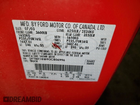 2003 Ford F-150 XL z VIN 2FTRF18W93CB06996, wystawiony jako Copart lot #42758725 z przebiegiem 142 428 mil mil oraz Szkoda całkowita • Salvage title. Historia ofert i sprzedaży dostępna na DreamBid. Obrazek 12.