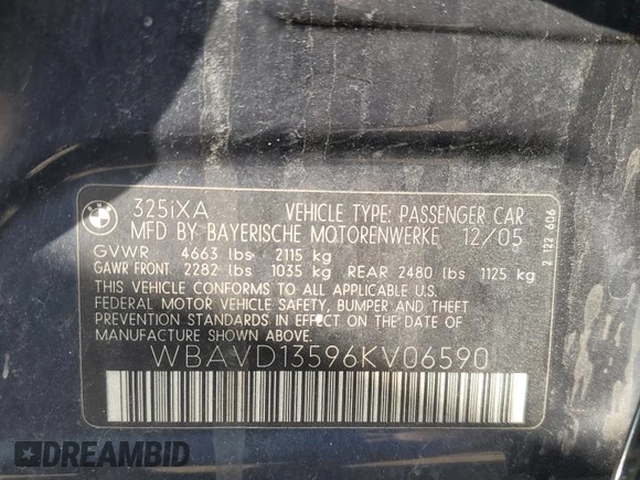 2006 BMW 3 Series 325xi z VIN WBAVD13596KV06590, wystawiony jako Copart lot #52387105 z przebiegiem 193 134 mil mil oraz Szkoda całkowita • Salvage title. Historia ofert i sprzedaży dostępna na DreamBid. Obrazek 12.