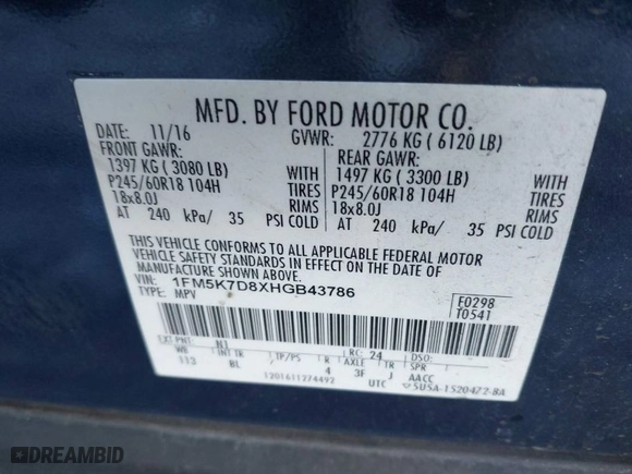 2017 Ford Explorer XLT with VIN 1FM5K7D8XHGB43786, listed as a IAAI auction lot 41758216 with 135,222 mi miles. Bid and sale history available at carsss.com. Image 9.