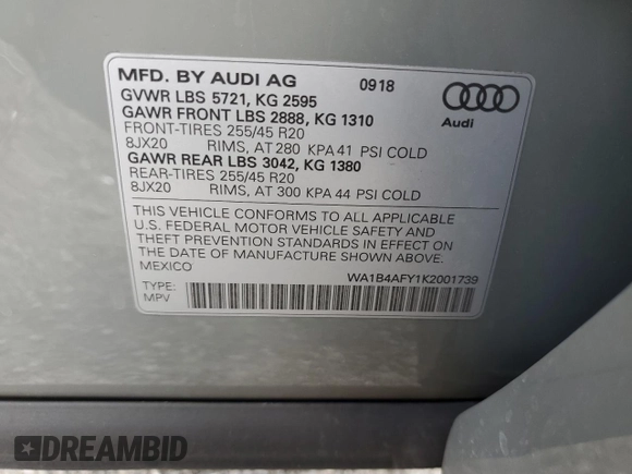 2019 Audi SQ5 Premium Plus with VIN WA1B4AFY1K2001739, listed as a Copart auction lot 44765984 with 29,469 mi miles and . Bid and sale history available at DreamBid. Image 14.