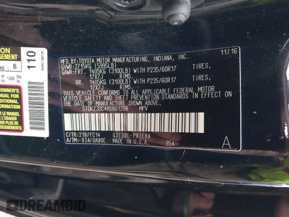 2017 Toyota Sienna LE Auto Access Seat with VIN 5TDKZ3DC4HS801298, listed as a IAAI auction lot 40805212 with 133,991 mi miles. Bid and sale history available at carsss.com. Image 9.