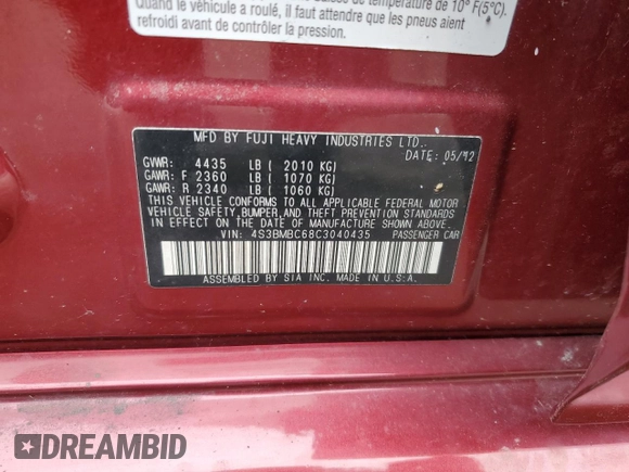 2012 Subaru Legacy 2.5i Premium with VIN 4S3BMBC68C3040435, listed as a Copart auction lot 52702485 with 128,987 mi miles and Salvage Title. Bid and sale history available at carsss.com. Image 13.
