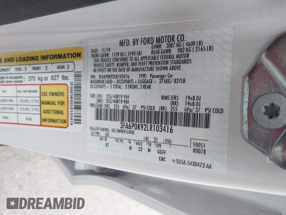2020 Ford Fusion Titanium with VIN 3FA6P0K92LR103416, listed as a IAAI auction lot 41681810 with 54,902 mi miles and . Bid and sale history available at DreamBid. Image 9.
