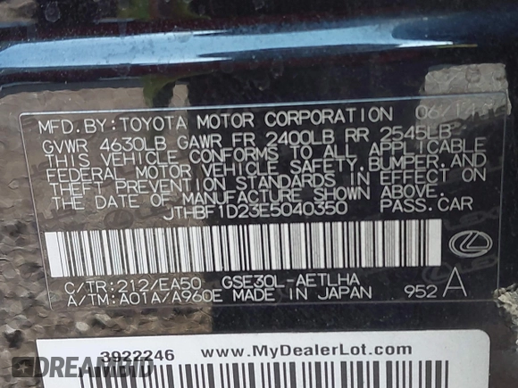 2014 Lexus IS 250 with VIN JTHBF1D23E5040350, listed as a IAAI auction lot 42143058 with 109,683 mi miles and . Bid and sale history available at DreamBid. Image 9.