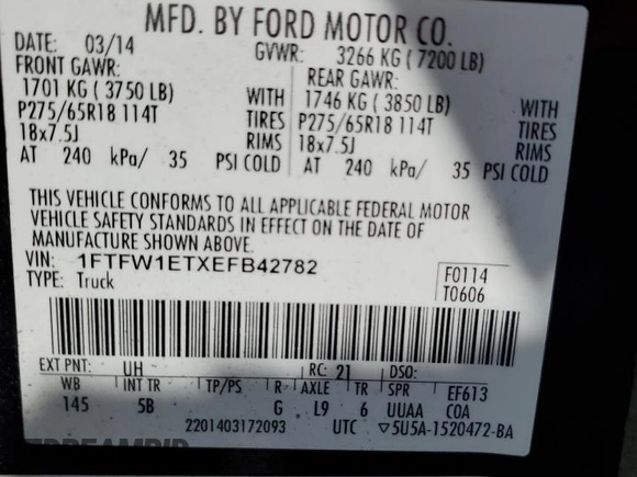 2014 Ford F-150 XL with VIN 1FTFW1ETXEFB42782, listed as a Copart auction lot 56055895 with 147,995 mi miles and Salvage title. Bid and sale history available at DreamBid. Image 12.