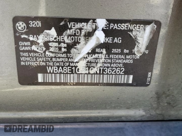 2016 BMW 3 Series 320i with VIN WBA8E1G51GNT36262, listed as a Copart auction lot 52384915 with 132,537 mi miles and Clean Title. Bid and sale history available at carsss.com. Image 12.