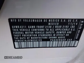 2015 Volkswagen Jetta Sedan 2.0L S with VIN 3VW2K7AJ3FM253125, listed as a IAAI auction lot 41535632 with 103,953 mi miles. Bid and sale history available at carsss.com. Image 9.
