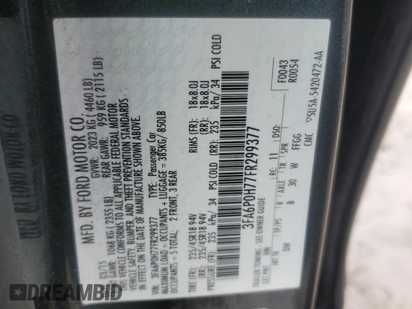 2015 Ford Fusion SE with VIN 3FA6P0H77FR299377, listed as a Copart auction lot 46662985 with 102,501 mi miles and Non Repairable. Bid and sale history available at carsss.com. Image 12.