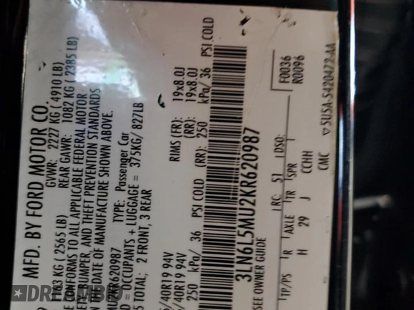 2019 Lincoln MKZ Hybrid Reserve II with VIN 3LN6L5MU2KR620987, listed as a Copart auction lot 45592715 with 205,169 mi miles and Salvage title. Bid and sale history available at DreamBid. Image 12.