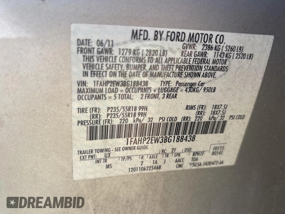 2011 Ford Taurus SEL with VIN 1FAHP2EW3BG188438, listed as a Copart auction lot 43973075 with Not Provided miles and Salvage Title. Bid and sale history available at DreamBid. Image 10.