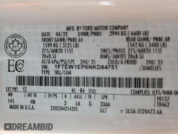 2022 Ford F-150 XL with VIN 1FTEW1EP6NKD84751, listed as a Copart auction lot 51076105 with 71,848 mi miles and Salvage Title. Bid and sale history available at carsss.com. Image 12.