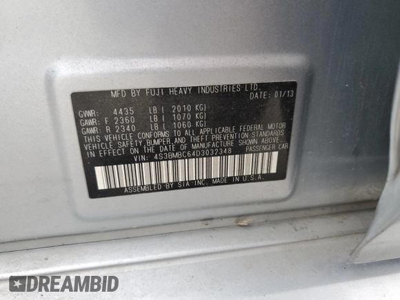 2013 Subaru Legacy Premium with VIN 4S3BMBC64D3032348, listed as a Copart auction lot 84738644 with 130,378 mi miles and Salvage title. Bid and sale history available at DreamBid. Image 13.