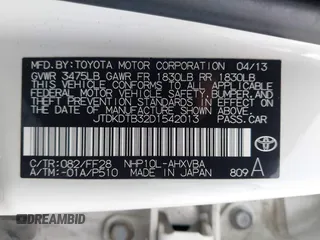 2013 Toyota Prius One with VIN JTDKDTB32D1542013, listed as a IAAI auction lot 41902051 with 134,582 mi miles and . Bid and sale history available at DreamBid. Image 9.