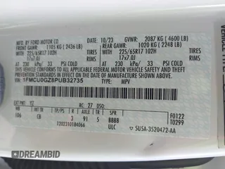 2023 Ford Escape Active with VIN 1FMCU0GZ8PUB32735, listed as a IAAI auction lot 41415559 with 8,785 mi miles and . Bid and sale history available at DreamBid. Image 9.