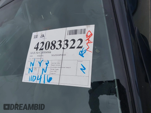 2008 Mazda 3 Mazdaspeed3 Sport with VIN JM1BK34M281857945, listed as a IAAI auction lot 42083322 with 110,416 mi miles and . Bid and sale history available at DreamBid. Image 12.
